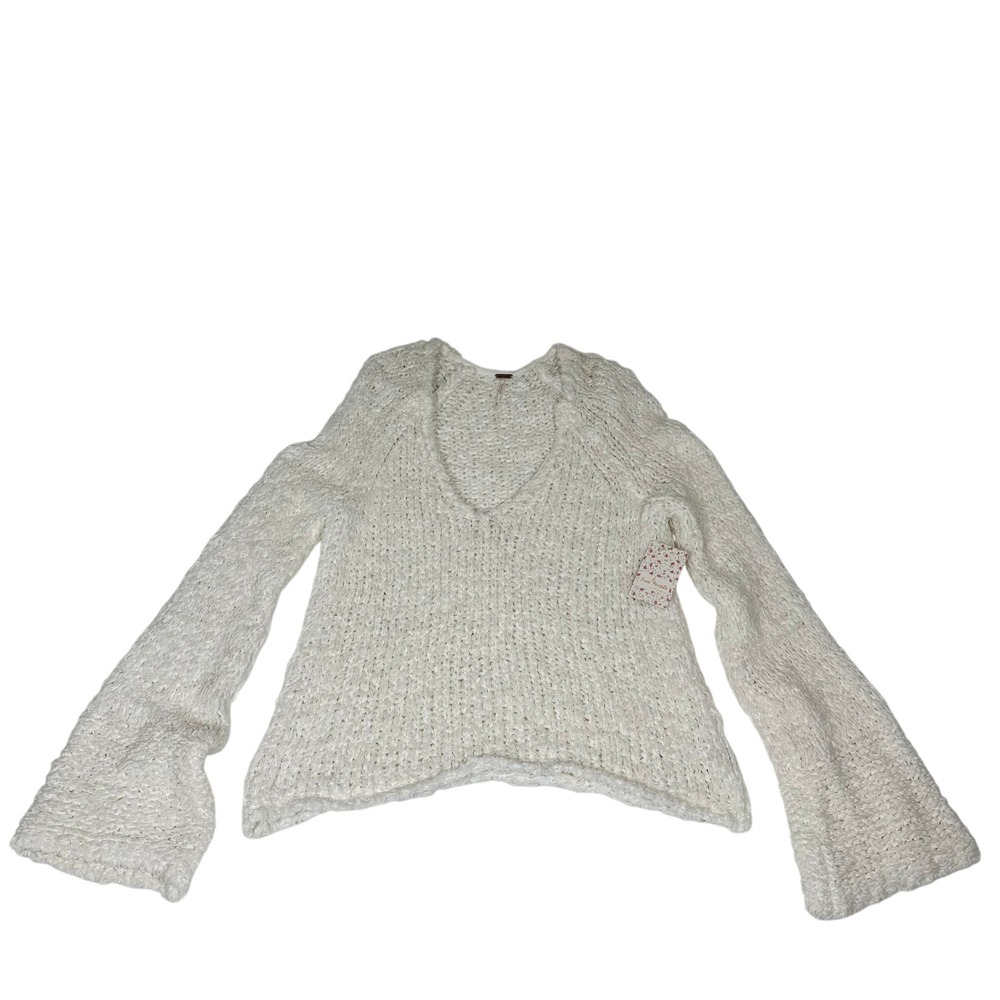 Free‎ People Ivory Chunky Knit V-Neck Bell Sleeve Pullover Sweater  Size M